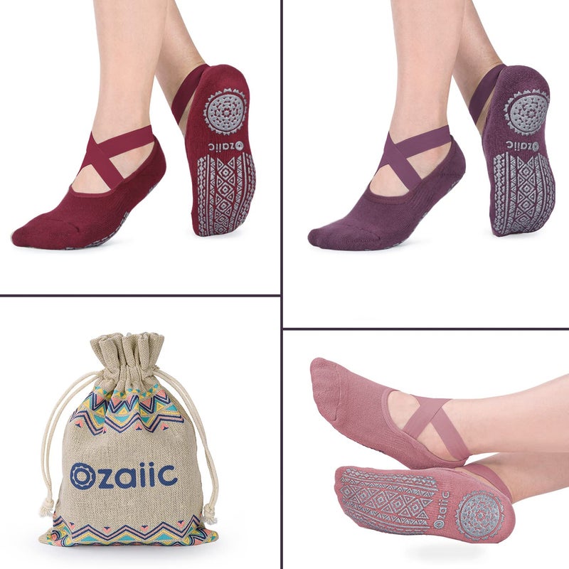 Ozaiic Pilates Socks for Women Non Slip Grip, Yoga Socks with Grippers for Barre, Hospital, Ballet, Dance, Barefoot Workout (3 Pairs-Purple/Rose Red/Bean Red) - Image 2