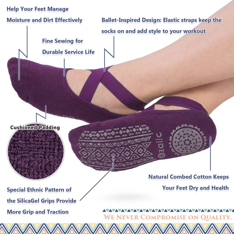 Ozaiic Pilates Socks for Women Non Slip Grip, Yoga Socks with Grippers for Barre, Hospital, Ballet, Dance, Barefoot Workout (3 Pairs-Purple/Rose Red/Bean Red) - Image 3