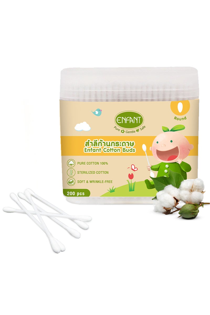 Enfant 200 Pcs Baby Cotton Buds Ground Baby Cotton Swabs For Baby Ear & Nose Clean Pure Cotton 100% Sterilized Cotton Soft & Wrinkle-Free - Image 1