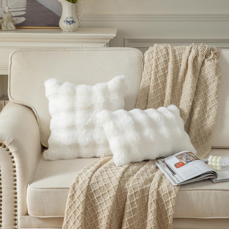 Yaertun Pack of 2 Cream White Thick Soft Wool Decorative Throw Pillow Covers 12x20 Inch Faux Fur Plush Fluffy Cushion Covers for Sofa Couch Bedroom - Image 4