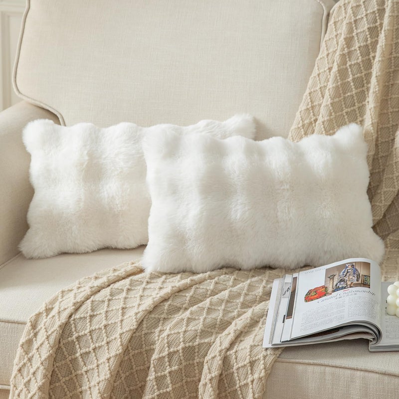 Yaertun Pack of 2 Cream White Thick Soft Wool Decorative Throw Pillow Covers 12x20 Inch Faux Fur Plush Fluffy Cushion Covers for Sofa Couch Bedroom - Image 1