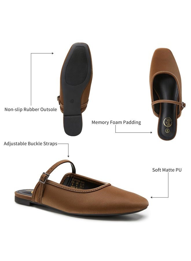 Trary Mules for Woman Mary Jane Flat Shoes Slip on Comfortable Backless Loafers Flats Square Toe Office Casual Vintage, Cocoa Brown, 6 - Image 5
