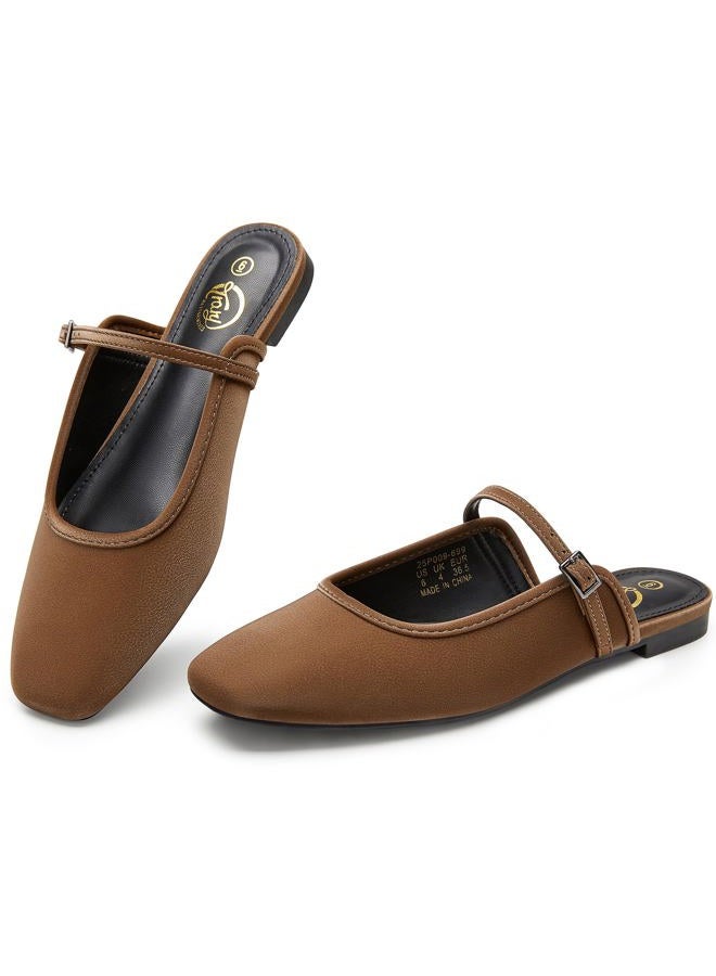 Trary Mules for Woman Mary Jane Flat Shoes Slip on Comfortable Backless Loafers Flats Square Toe Office Casual Vintage, Cocoa Brown, 6 - Image 1