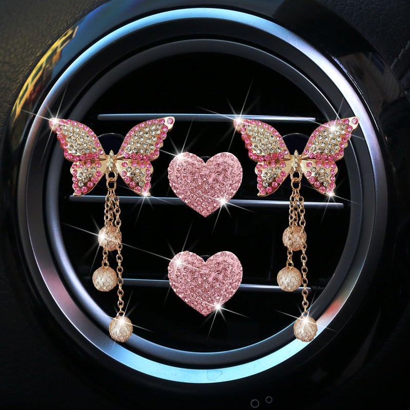 Tustao Pink Heart & Butterfly Air Vent Clips, 4 Pcs Bling Heart & Butterfly Air Fresheners Vents Clips Diamond Car Interior Decor Bling Cute Pink Car Accessories Decoration for Women + Heart Mask Hook - Image 2