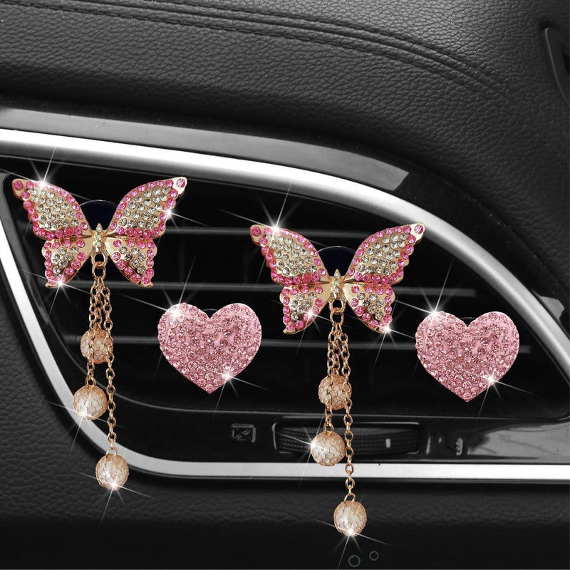 Tustao Pink Heart & Butterfly Air Vent Clips, 4 Pcs Bling Heart & Butterfly Air Fresheners Vents Clips Diamond Car Interior Decor Bling Cute Pink Car Accessories Decoration for Women + Heart Mask Hook - Image 4
