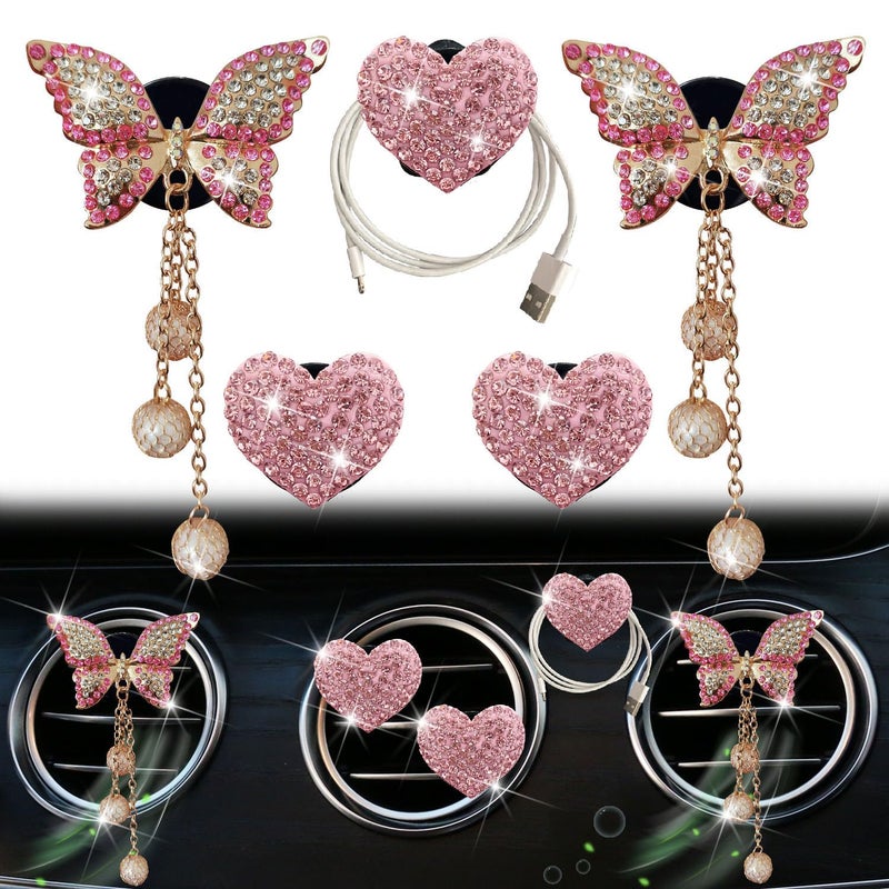 Tustao Pink Heart & Butterfly Air Vent Clips, 4 Pcs Bling Heart & Butterfly Air Fresheners Vents Clips Diamond Car Interior Decor Bling Cute Pink Car Accessories Decoration for Women + Heart Mask Hook - Image 1