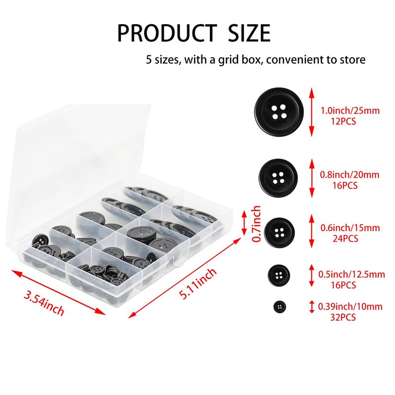 Lilaly 100 pcs Black Buttons for Crafts, 5 Sizes Mixed Round Sewing Buttons for Clothes, Suitable for for DIY Crafts, Coats, Shirts, Pants, Shorts - Image 2