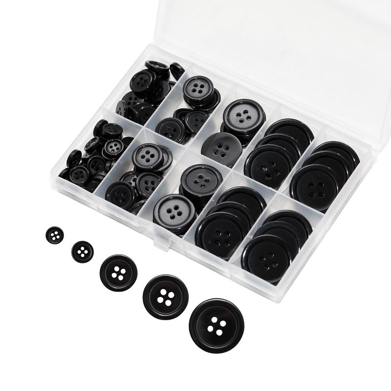 Lilaly 100 pcs Black Buttons for Crafts, 5 Sizes Mixed Round Sewing Buttons for Clothes, Suitable for for DIY Crafts, Coats, Shirts, Pants, Shorts - Image 1