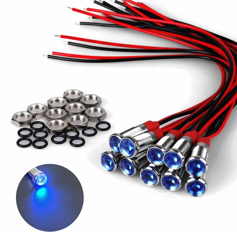 DMWD 10Pcs 6mm (1/4") 12V-24V AC/DC 20mA Meatl LED Indicator Light Wide Flat Head Waterproof Signal Lamp Pilot Dash Directional with Wire（Blue LED) - Image 1