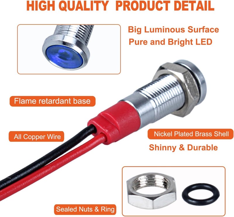 DMWD 10Pcs 6mm (1/4") 12V-24V AC/DC 20mA Meatl LED Indicator Light Wide Flat Head Waterproof Signal Lamp Pilot Dash Directional with Wire（Blue LED) - Image 3