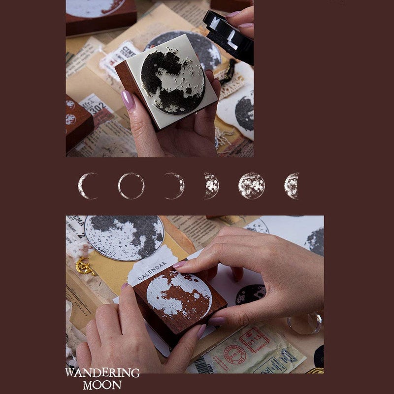 Dizdkizd Wooden Rubber Stamps, 8pcs Phases of The Moon Decorative Mounted Stamp, Vintage Seal with Changing Faces of The Moon for DIY Craft, Interest Research, Journal, Scrapbooking, Calendar - Image 5