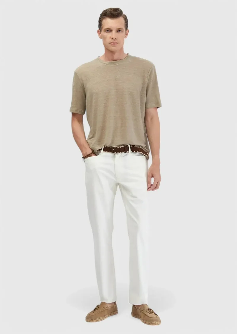 رامسي تيشيرت من الكتان 100%، سادة، بياقة دائرية، بلون المنك