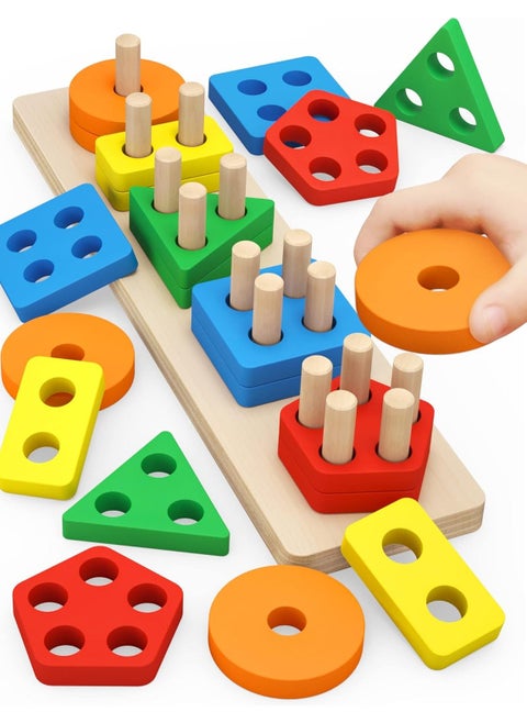 Montessori Toys for Toddlers 3+, Educational Puzzles, Wooden Sorting & Stacking Blocks, Sensory Toys for 3+ Year Olds, Building Blocks, Motor Skills Development, Birthday Gift for Boys & Girls