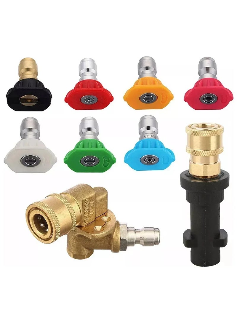 9pcs Pressure Washer Adapter 1/4'' Quick Connect Female Fitting Fit for Karcher K2 K3 K4 K5 K6 K7 with 7 Power Nozzle Tips Multiple Degree Pressure Washer Pivoting Coupler - Image 1