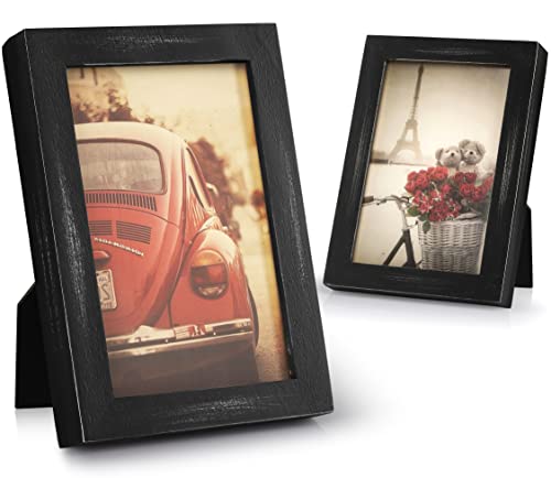 Emfogo 4x6 Picture Frame Pack of 2 Photo Frame with Real Glass Solid Wood Rustic Picture Frames 4x6 Display for Wall Decor Vintage Black