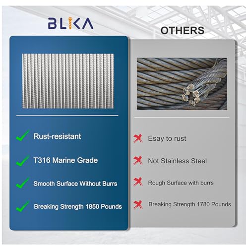 BLIKA 500FT 1/8" Stainless Steel Cable, T316 Marine Grade, Stainless Steel Wire Rope 7x7 Strands Construction, 1850lbs Breaking Strength Aircraft Cable for Deck Cable Railing, DIY Balustrades - Image 4