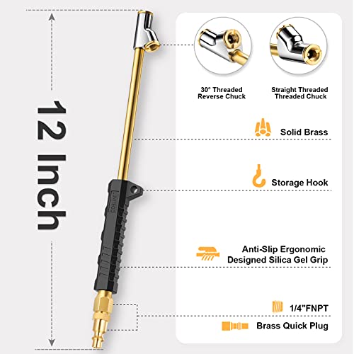 LUMITECO لوميتيكو 12" رأس مزدوج لملء الهواء بمدى ممتد، اتصال ثنائي 1/4" FNPT قفل قدم مستقيم لملء إطارات الشاحنات، ملحق ملء الهواء للإطارات مع قابس سريع، مجموعة ملء ضاغط الهواء لشاحنات RV وإطارات دوالى الشاحنات. - Image 2