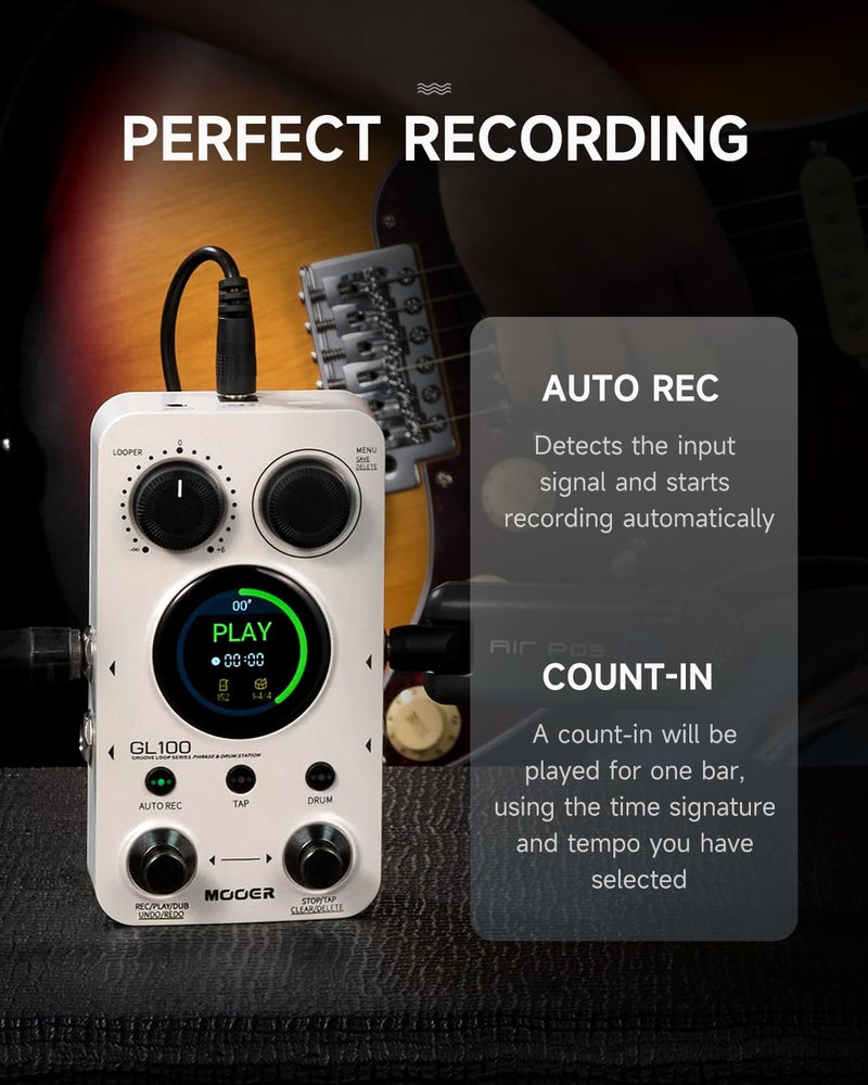 MOOER GL100 Looper Pedal Drum Machine, 2 in 1 Drum Looper Guitar Pedal 1.3-inch Touchsreen 100 Slots with 300 Minutes in Total Auto-record Time Stretch Function Dedicated Editor Software - Image 4