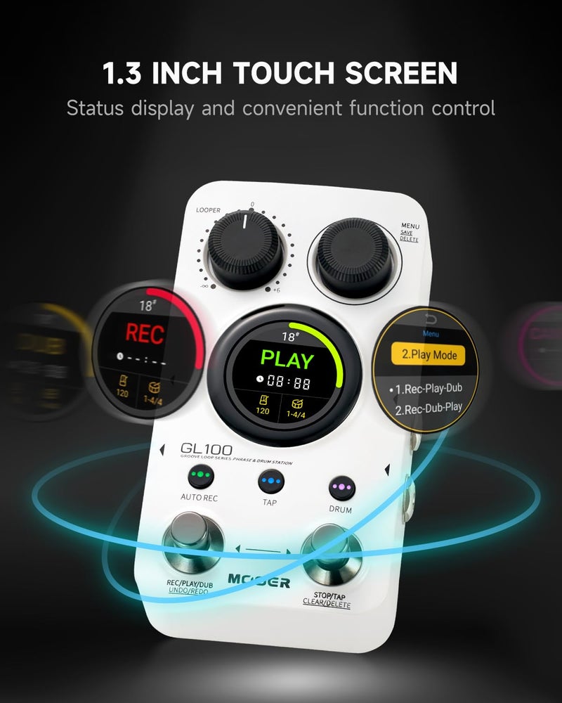 MOOER GL100 Looper Pedal Drum Machine, 2 in 1 Drum Looper Guitar Pedal 1.3-inch Touchsreen 100 Slots with 300 Minutes in Total Auto-record Time Stretch Function Dedicated Editor Software - Image 2