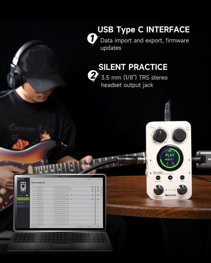 MOOER GL100 Looper Pedal Drum Machine, 2 in 1 Drum Looper Guitar Pedal 1.3-inch Touchsreen 100 Slots with 300 Minutes in Total Auto-record Time Stretch Function Dedicated Editor Software - Image 5