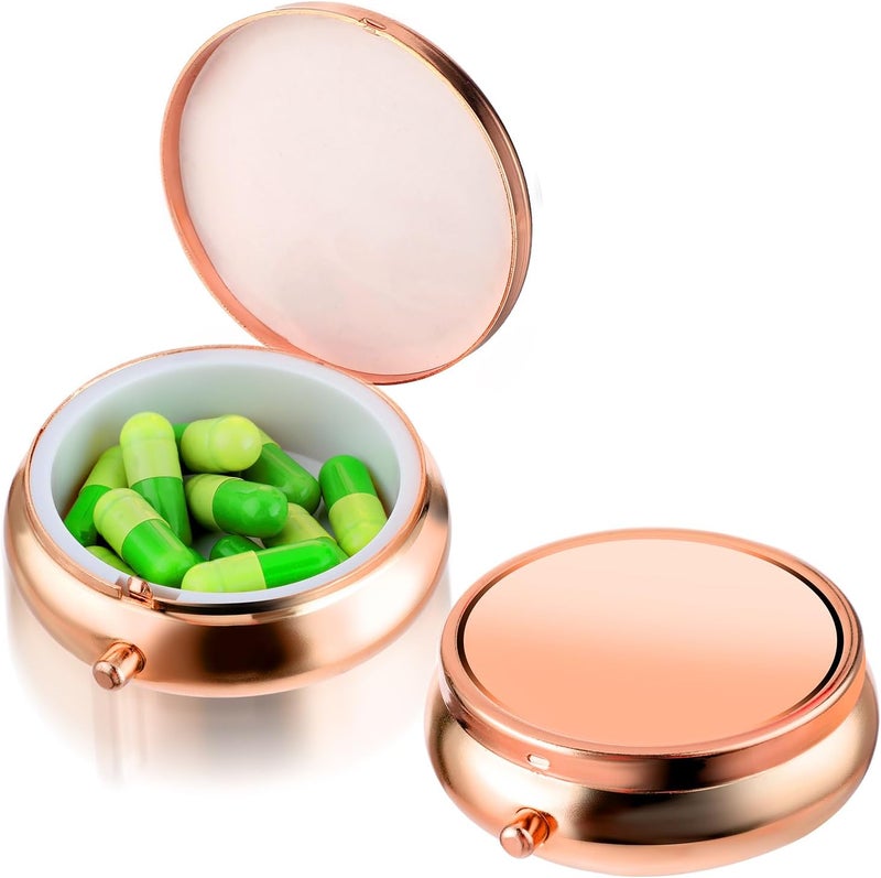 WLLHYF Cute Small Pill Box Purse Pocket Pill Box Travel Pill Box Waterproof Metal Pill Box for Vitamins, Fish Oil and Supplements Rose Gold - Image 1