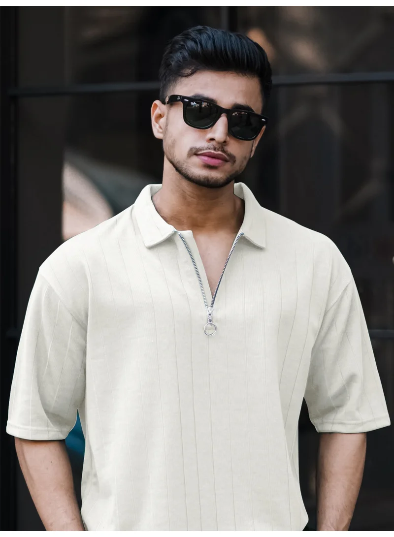 Maniac Maniac Mens Textured Polo Neck 3/4th Sleeve Half Zipper Cream Cotton T-Shirt