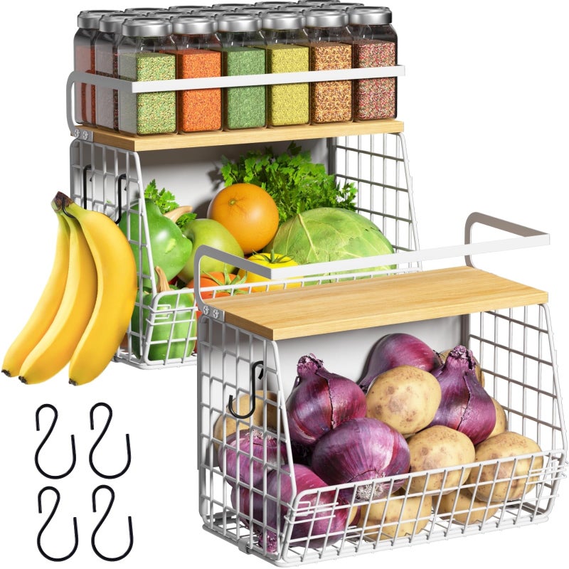 Ofiray-home Magnetic Shelf for Fridge with Wood Lid, Fruit Potato and Onion Storage Bins, Pantry Organizers & Storage, Large Container Magnetic Spice Rack for Refrigerator, Kitchen Counter (White, 2) - Image 1