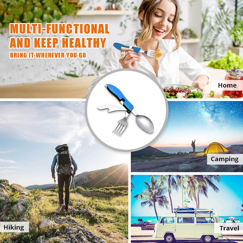 HIKENTURE طقم أدوات تناول الطعام للتخييم 4 في 1 سكين شوكة ملعقة فتاحة زجاجات مع حقيبة تخزين (أزرق) - Image 5