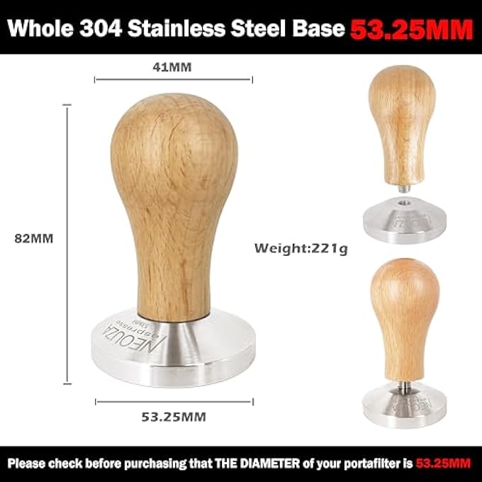 NEOUZA Coffee Machine Espresso Tamper Barista Coffee Powder Bean Press Wooden Handle Stainless Steel Flat Base 53Mm - Image 2