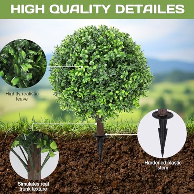 Jasmpig Artificial Boxwood Topiary Ball Tree 24" with Ground Spike, Set of 2 Artificial Boxwood Bushes for Faux Shrubs, Fake Evergreen Faux Plant for Indoor Outdoor Porch GardenUV Resistant  Fade-Proof - Image 3