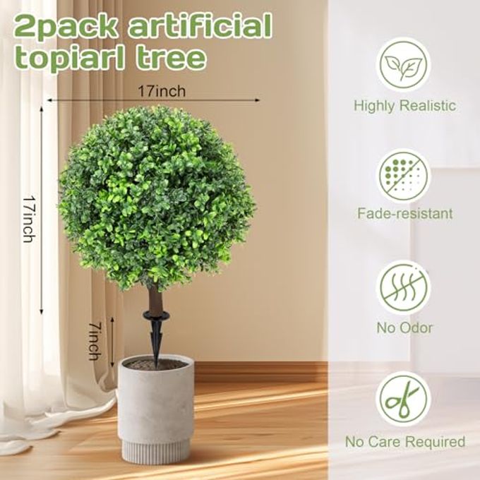 Jasmpig Artificial Boxwood Topiary Ball Tree 24" with Ground Spike, Set of 2 Artificial Boxwood Bushes for Faux Shrubs, Fake Evergreen Faux Plant for Indoor Outdoor Porch GardenUV Resistant  Fade-Proof - Image 5