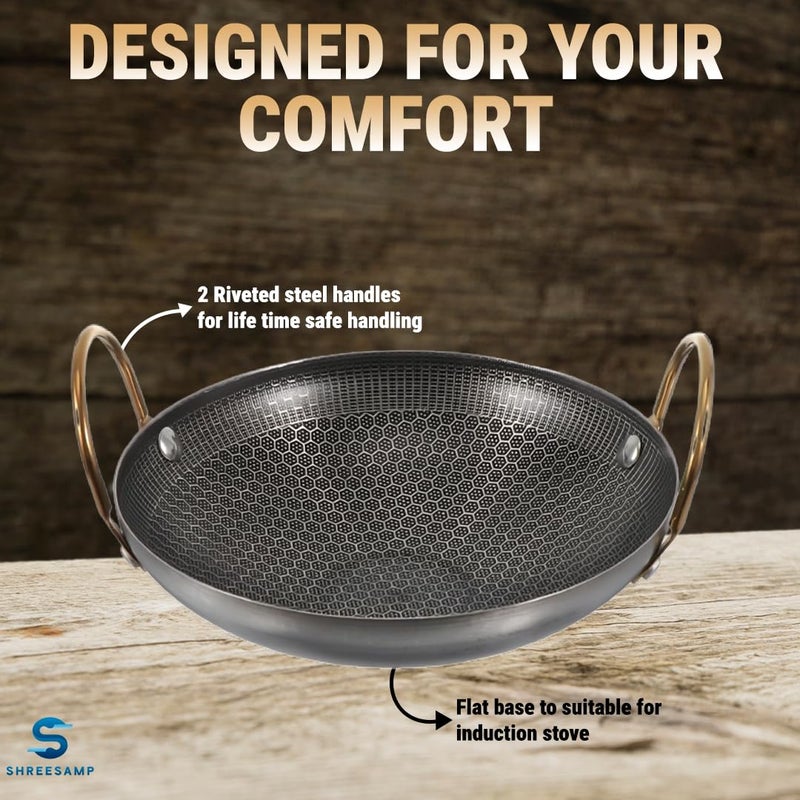 SHREESAMP SHREESAMP Stainless Steel Wok With Double Handles, Nonstick Stir Fry Pan, Flat Bottom, Kadai, Small Stockpot & Soup Pot With Golden Ear, Versatile Cooking Pot For Home & Kitchen, Honeycomb Cooking Pan  - Image 5