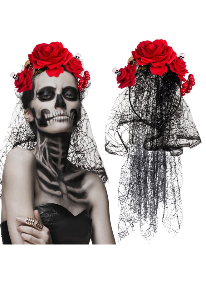 Ncozwo Red Rose Skull Veil Headband for Women Rose Flower Crown Day of The Dead Floral Hair Hoop Gothic Head Piece Costume Cosplay Headpiece Hair Accessories for Halloween Wedding Photo Prop - Image 2