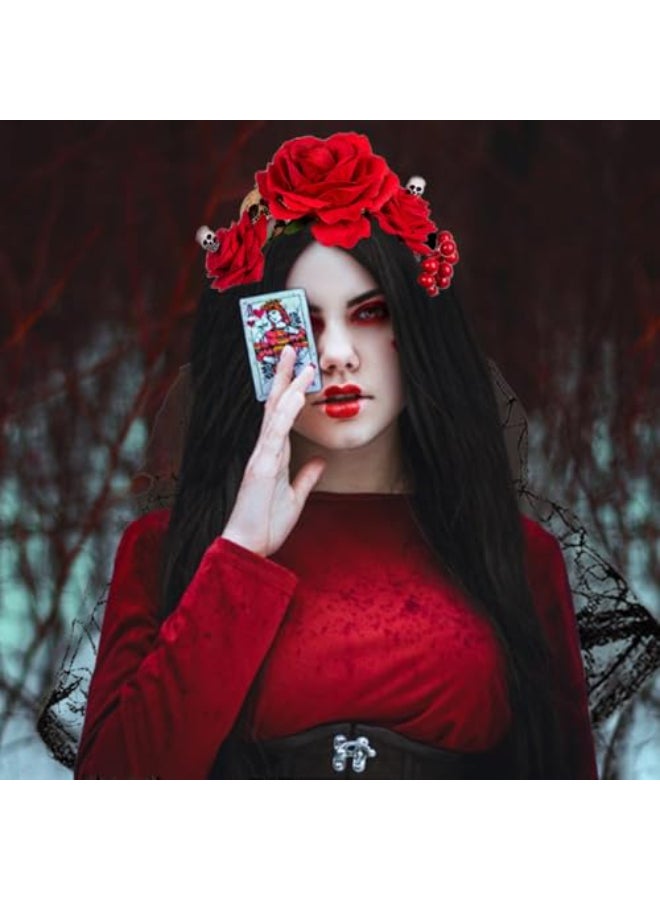 Ncozwo Red Rose Skull Veil Headband for Women Rose Flower Crown Day of The Dead Floral Hair Hoop Gothic Head Piece Costume Cosplay Headpiece Hair Accessories for Halloween Wedding Photo Prop - Image 3