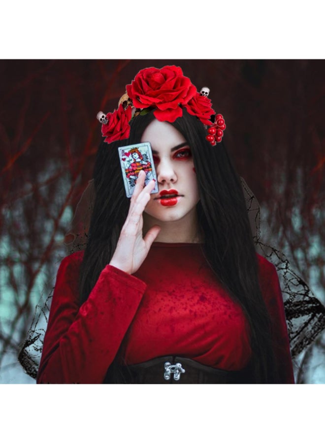 Ncozwo Red Rose Skull Veil Headband for Women Rose Flower Crown Day of The Dead Floral Hair Hoop Gothic Head Piece Costume Cosplay Headpiece Hair Accessories for Halloween Wedding Photo Prop - Image 4