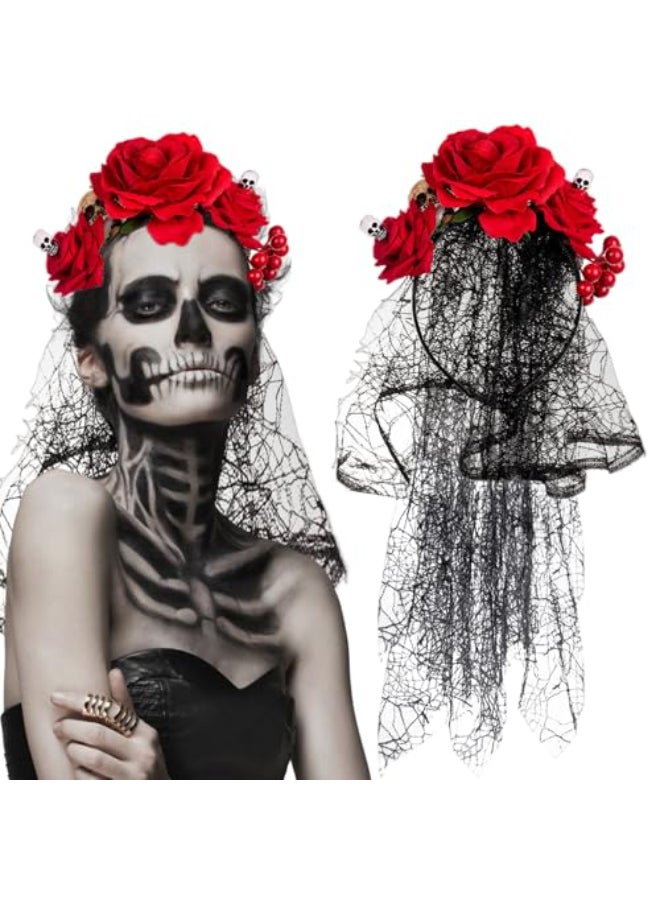 Ncozwo Red Rose Skull Veil Headband for Women Rose Flower Crown Day of The Dead Floral Hair Hoop Gothic Head Piece Costume Cosplay Headpiece Hair Accessories for Halloween Wedding Photo Prop - Image 1