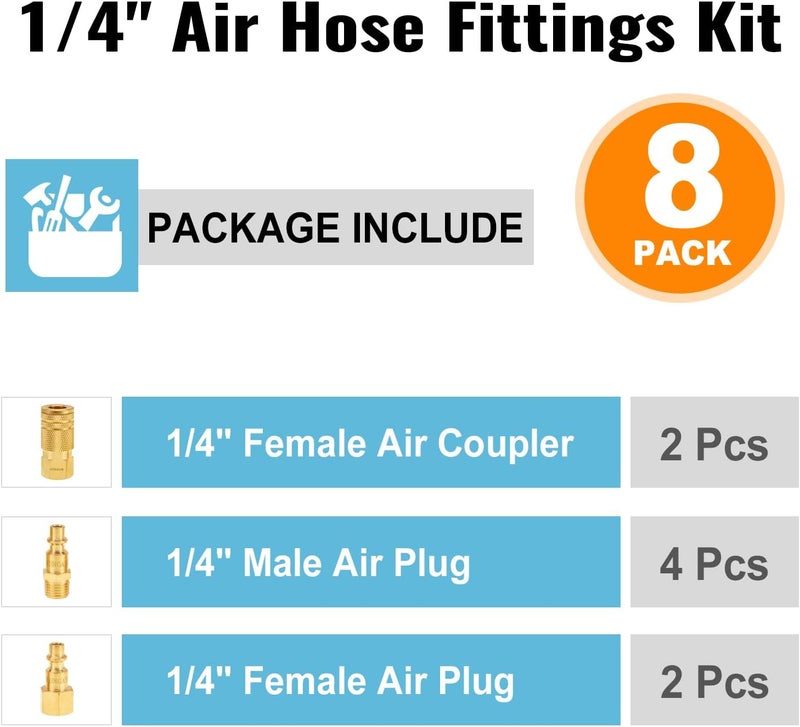 SUNGATOR 8-Piece 1/4" NPT Air Hose Fittings, Solid Brass 1/4'' Air Line Quick Connect Fittings, 1/4 Inch Coupler and Plug Kit, Compressor Accessories, Quick Connect Hose Repair Kit - Image 2