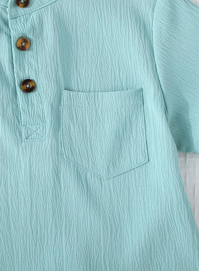 Take Two Take Two Boy Green Solid Button Front Stand Collar Shirt