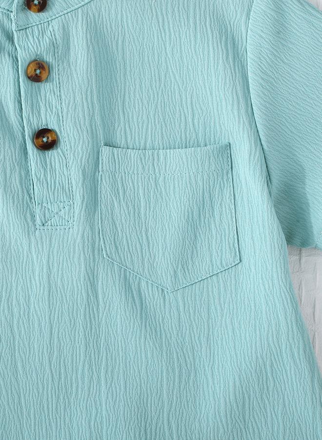 Take Two Boy Green Solid Button Front Stand Collar Shirt - Image 3