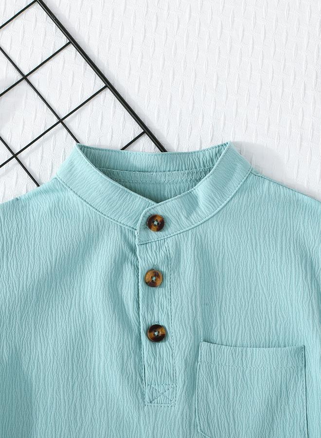 Take Two Boy Green Solid Button Front Stand Collar Shirt - Image 2