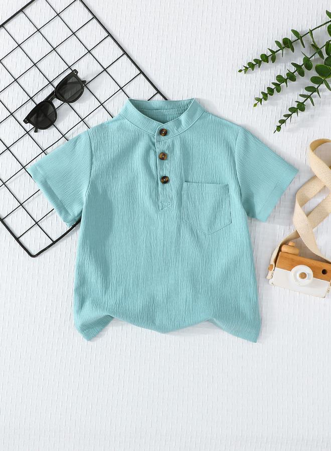 Take Two Boy Green Solid Button Front Stand Collar Shirt - Image 1