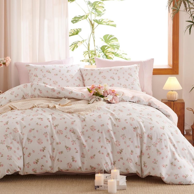 Erwinmu Floral Comforter Set Queen Size - 3 Pieces Pink White Floral Comforter Bedding Sets Reversible Pattern,Queen Bed in a Bag with Flowers Comforter and 2 Pillowcases - Image 1
