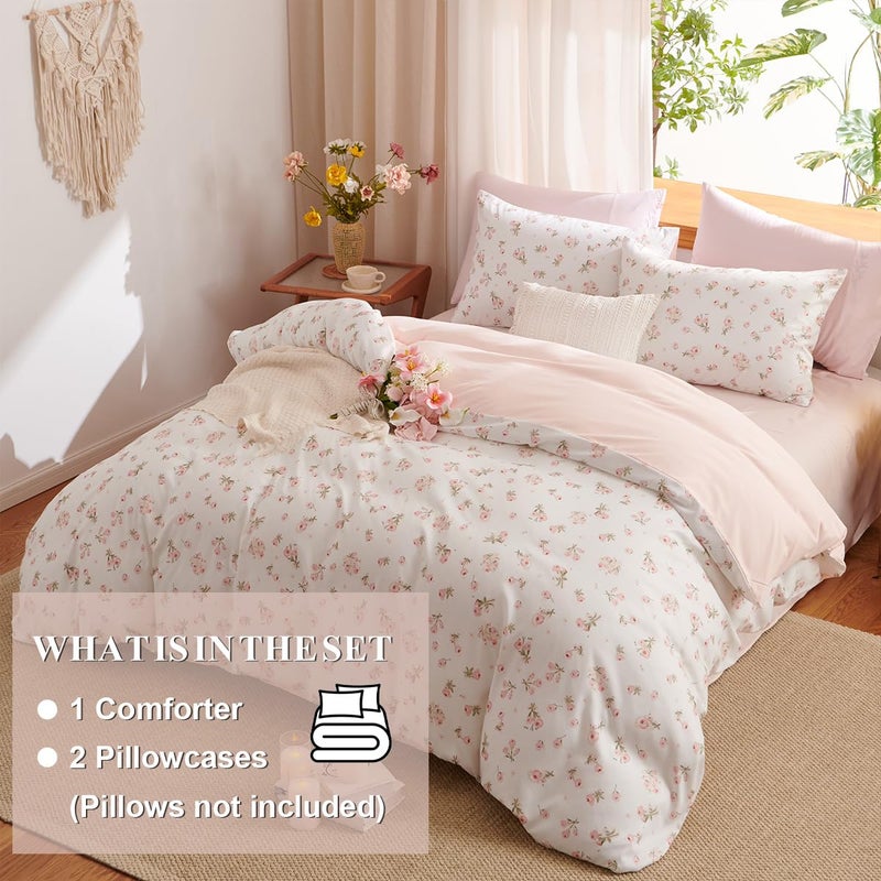 Erwinmu Floral Comforter Set Queen Size - 3 Pieces Pink White Floral Comforter Bedding Sets Reversible Pattern,Queen Bed in a Bag with Flowers Comforter and 2 Pillowcases - Image 2