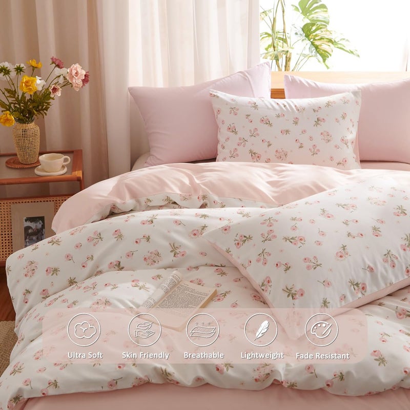 Erwinmu Floral Comforter Set Queen Size - 3 Pieces Pink White Floral Comforter Bedding Sets Reversible Pattern,Queen Bed in a Bag with Flowers Comforter and 2 Pillowcases - Image 3