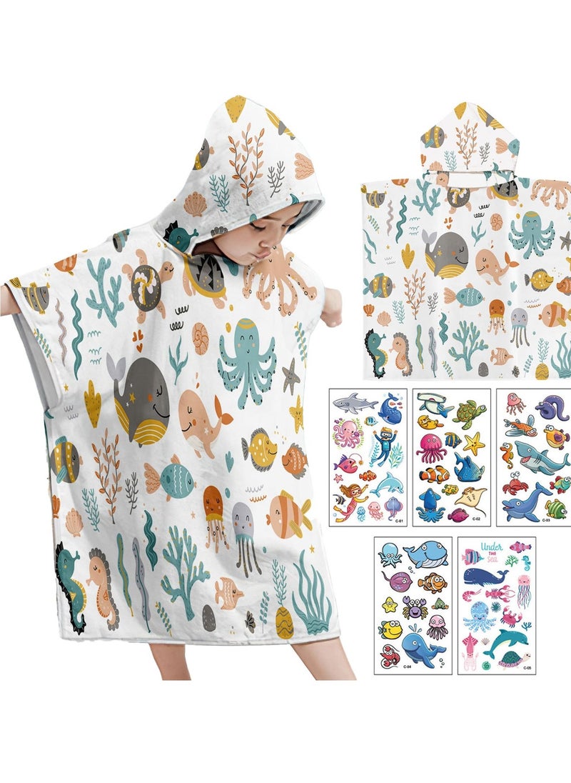 Kids Hooded Towel for Boys and Girls Soft and Absorbent Beach Towel with Underwater World Tattoo Stickers 75*65cm Soft Cotton Terry Hooded Towel Microfiber Absorbent Soft Bath Towel Whale - Image 1