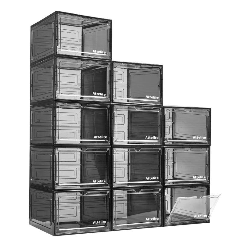 Attelite Upgrade 12pack Shoe Box Storage Containers,Thicken Sturdy Clear Stackable Plastic Shoe Organizer Box with Magnetic Door, Drop Front Shoe Box Sneakers X-Large - Image 1
