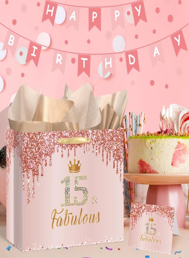 Yoirrat Rose Gold 15th Birthday Gift Bag for Girls 15 & Fabulous Large Pink Happy 15th Birthday Gift Bag with Wrapping Paper and Card for 15 Years Old Quinceanera Bday Decorations Party Supplies - Image 2