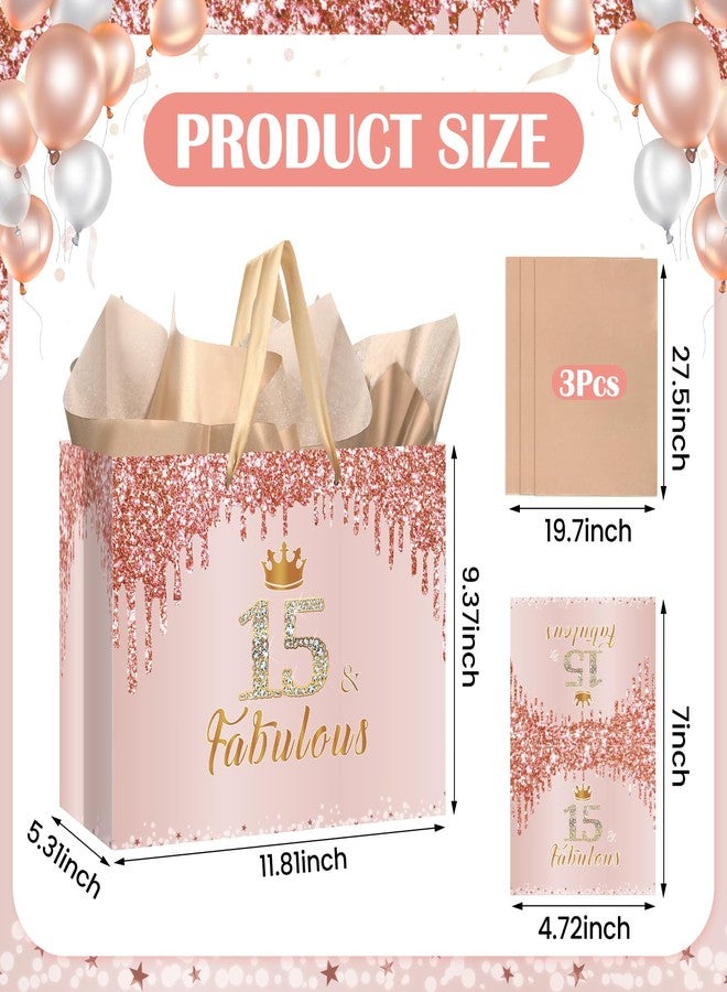 Yoirrat Rose Gold 15th Birthday Gift Bag for Girls 15 & Fabulous Large Pink Happy 15th Birthday Gift Bag with Wrapping Paper and Card for 15 Years Old Quinceanera Bday Decorations Party Supplies - Image 3