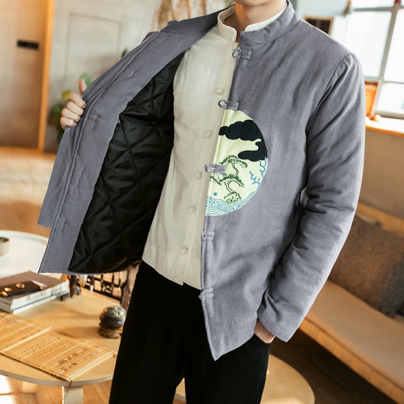2018 Chinese Style Winter Thickened Cotton-Padded Casual Jacket Men'S Plus Size Buckle Embroidered Cotton-Padded Jacket Men'S Clothing - Image 2