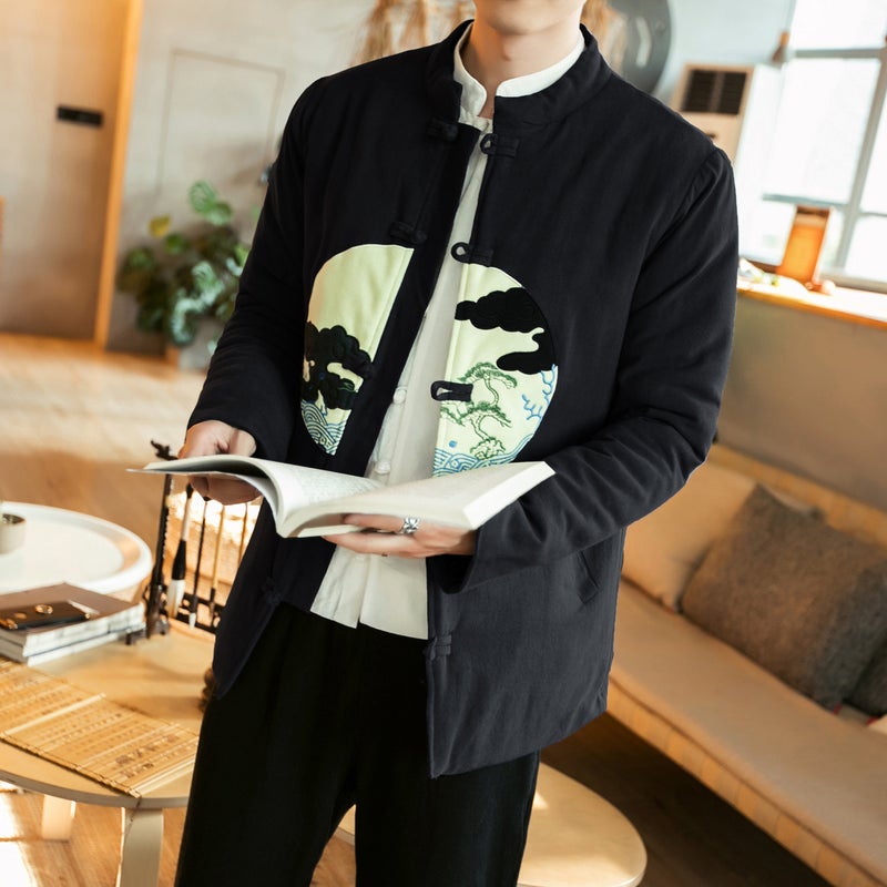 2018 Chinese Style Winter Thickened Cotton-Padded Casual Jacket Men'S Plus Size Buckle Embroidered Cotton-Padded Jacket Men'S Clothing - Image 1